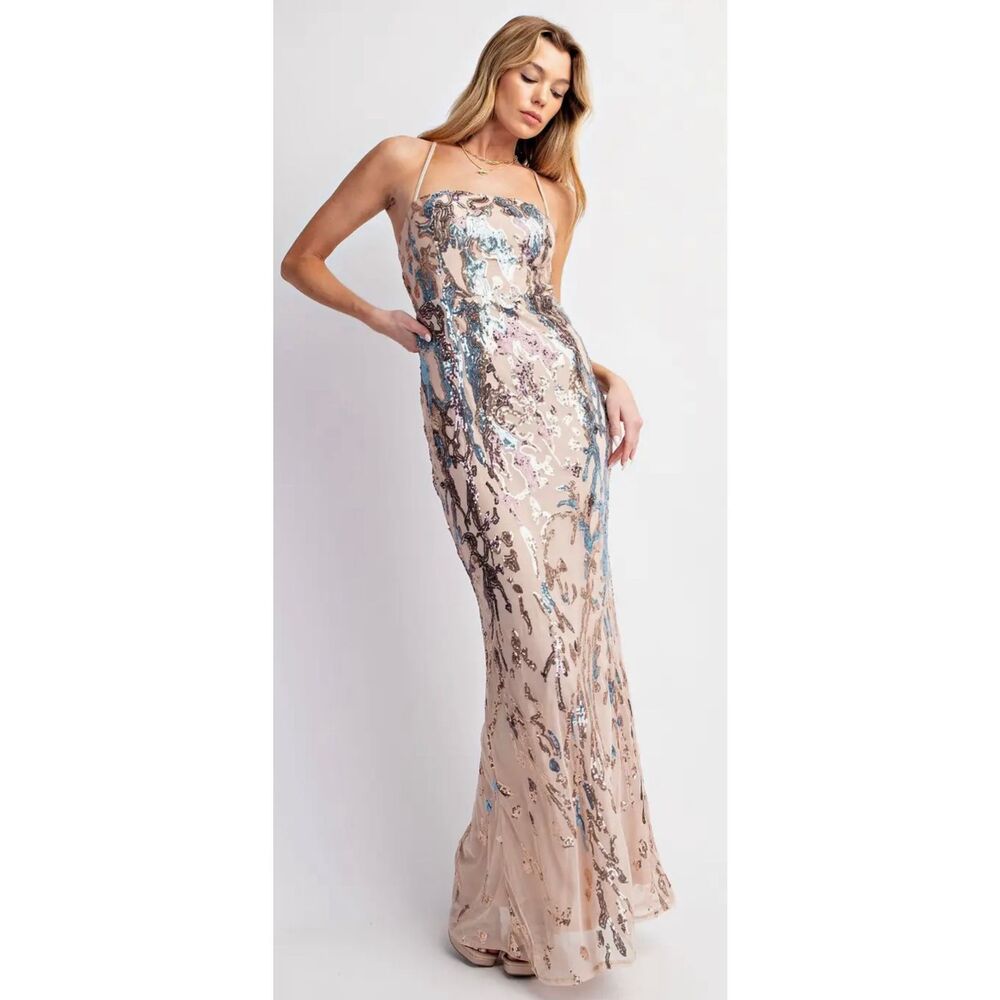 Faeriesty Halter Neck Backless Floral Sequin Pattern Slit Formal Dress Size L